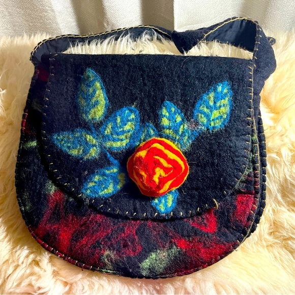 Ethnic Nepal Felted 100% Wool Floral Large Bag Tote - Picture 3 of 9